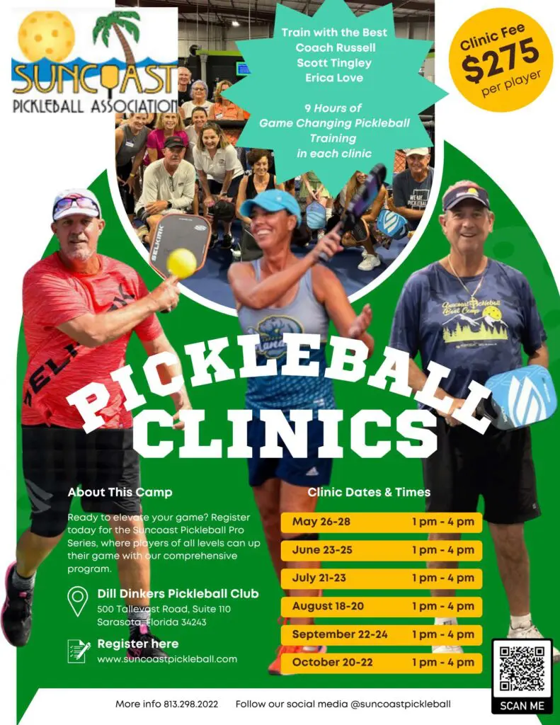 2025.06.20 - Dill Dinkers Clinic - Summer & Fall with Coach, Scott, & Erica suncoast pickleball training clinic at dill dinkers in sarasota florida featuring coach russell, scott tingley, and erica love