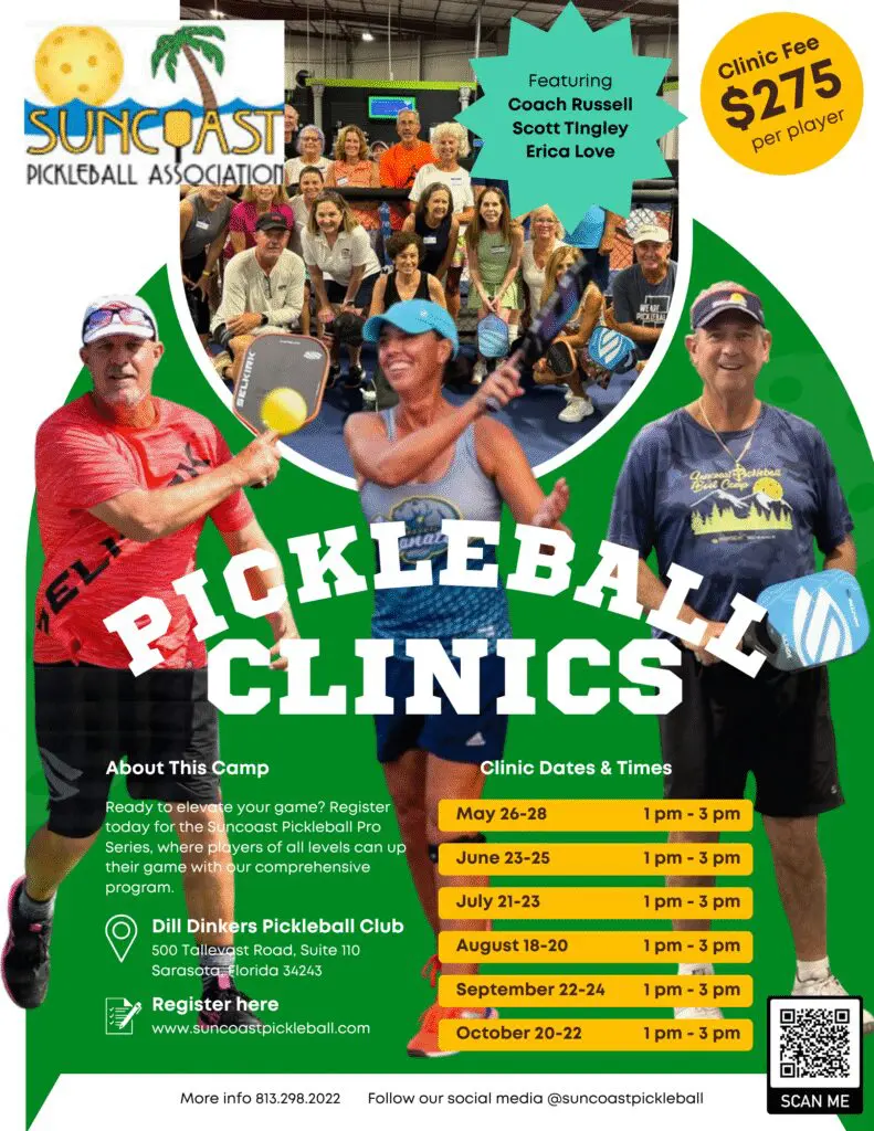 Dill Dinkers Pickleball Clinic with Coach, Scott, and Erica suncoast pickleball training clinic at dill dinkers in sarasota florida featuring coach russell, scott tingley, and erica love