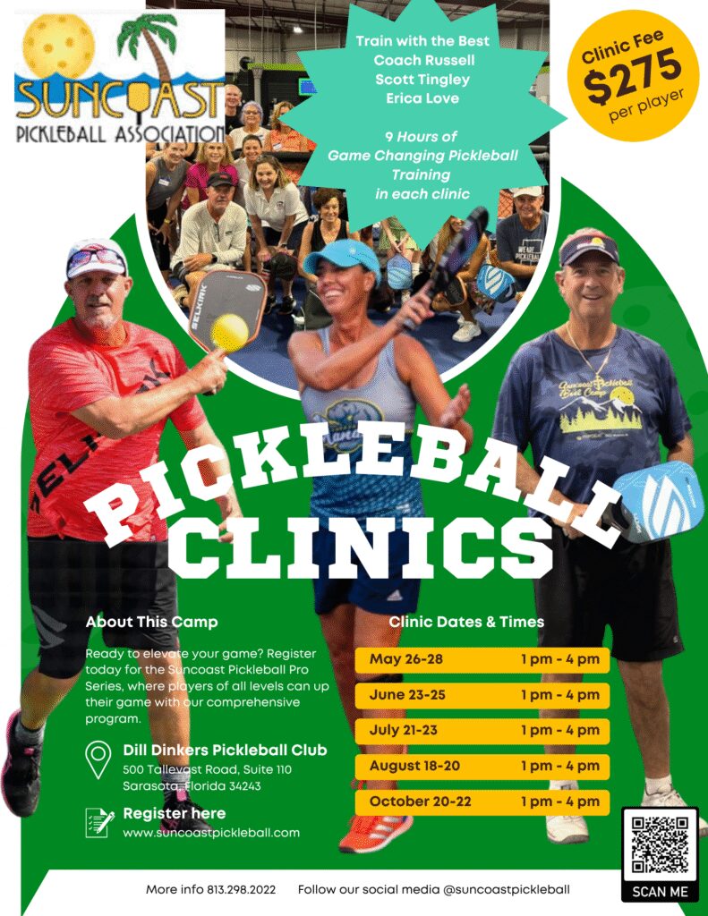 suncoast pickleball training clinic at dill dinkers in sarasota florida featuring coach russell, scott tingley, and erica love