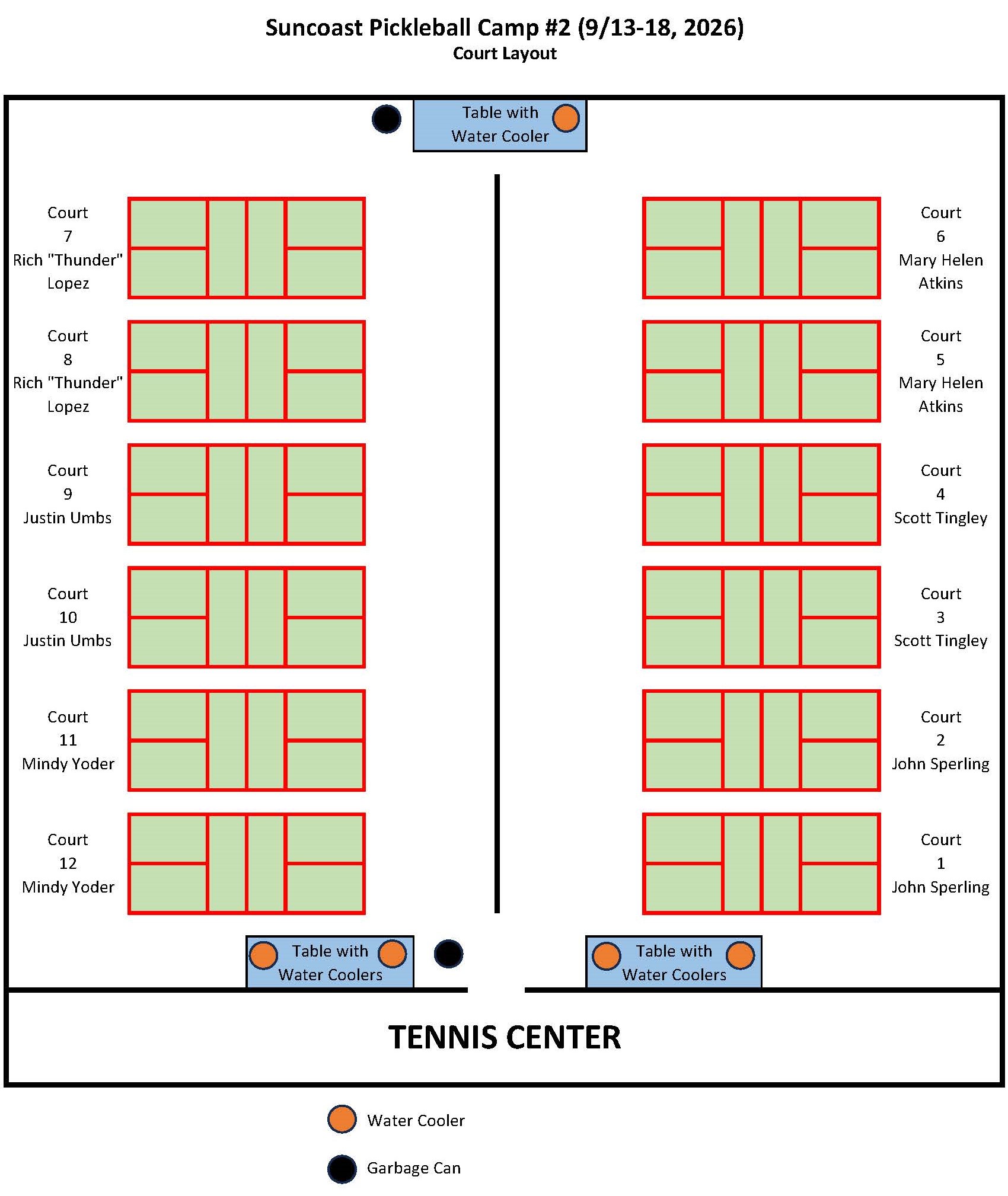Court Layout for Suncoast Pickeball Montreat Camp #2 in September 2026 designed by Norman Weathersby